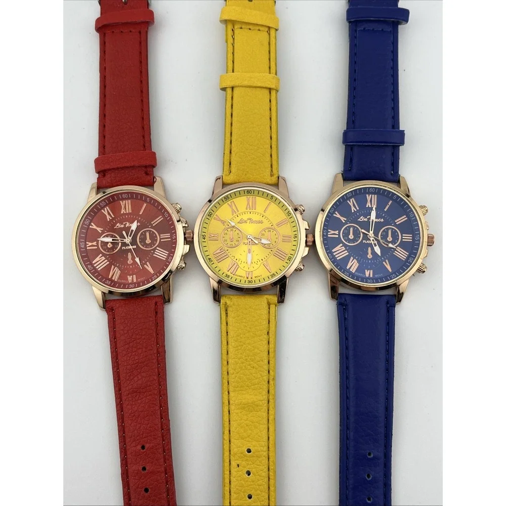 Liu Times Set of 3 Watches Red, Blue & Yellow Rose Gold Cases- New‎ Batteries